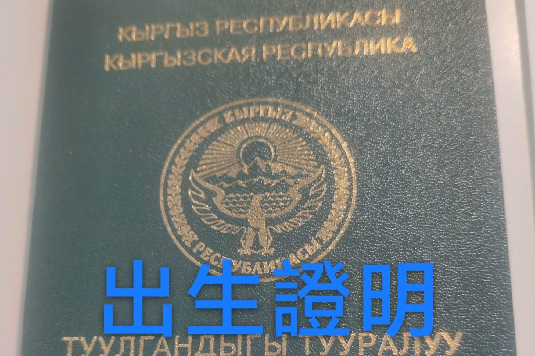 吉尔吉斯代孕宝宝的官方出生证明封面（Birth Certificate），需经由吉尔吉斯外交部及莫斯科台北经济文化办事处验证，以办理台湾护照及户籍登记。