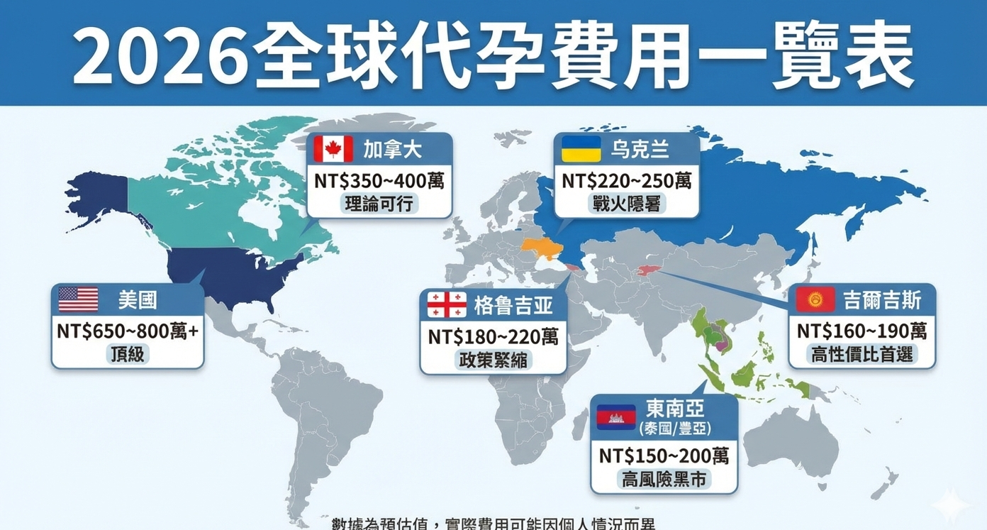 2026全球代孕費用一覽表地圖，比較美國、加拿大、烏克蘭、格魯吉亞、東南亞與吉爾吉斯代孕價格與法規風險。